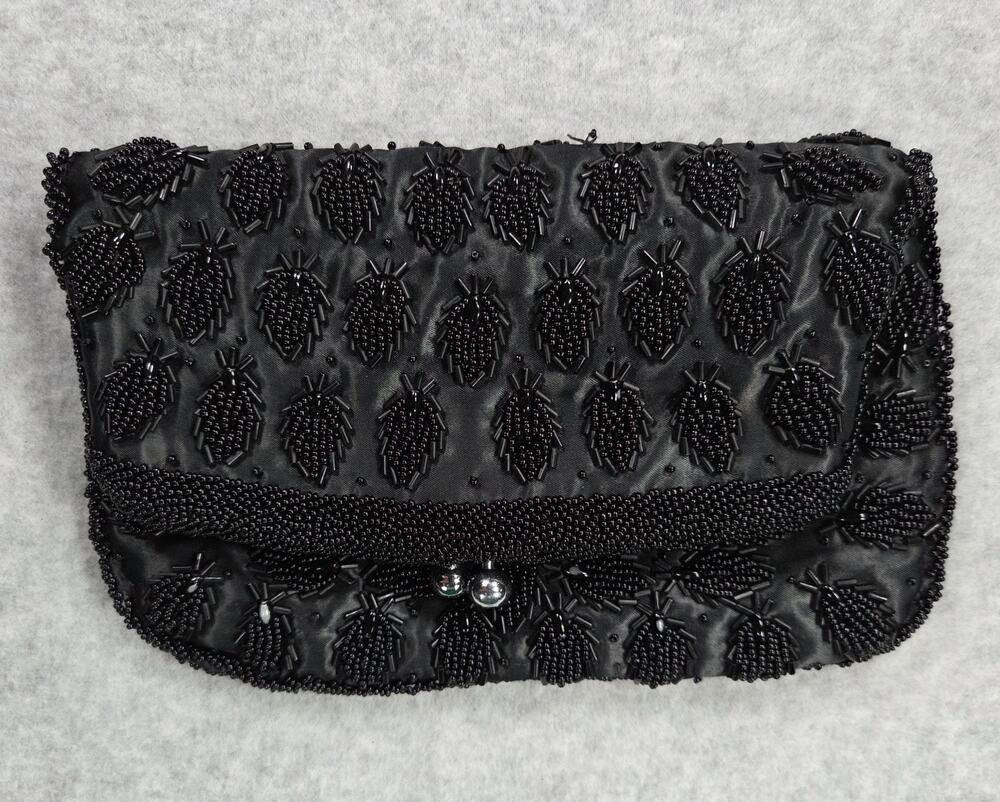 Vintage 50s 60s Black Beaded Evening Bag Made Hong Kong Satin Fold-Over Clutch